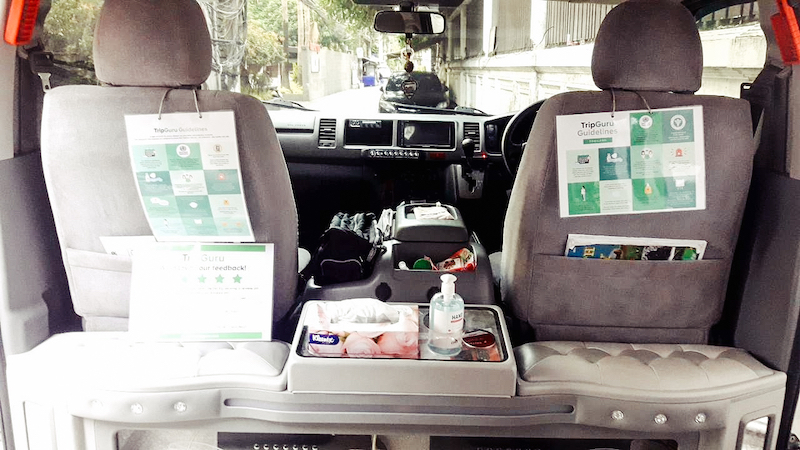 Fully disinfected TripGuru vehicle with sanitation items (e.g. tissues, alcohol, etc.)